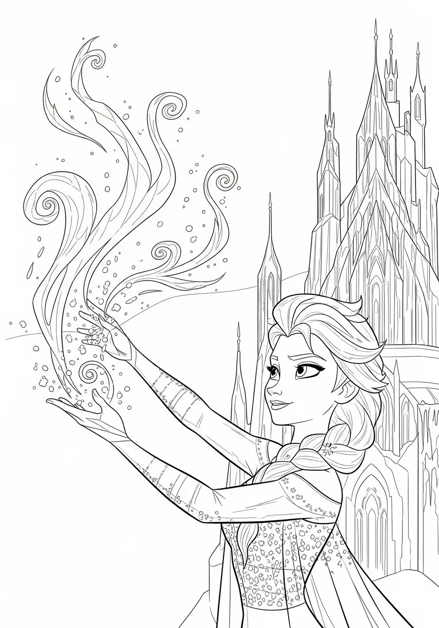 Imagem para colorir da Princesa Elsa da Disney usando magia