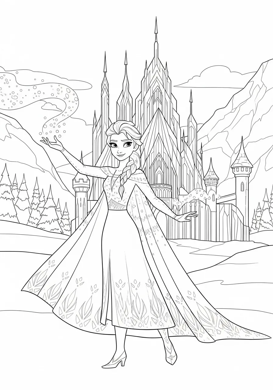 Desenho para colorir da Princesa Elsa da Disney em frente ao castelo de Arendelle