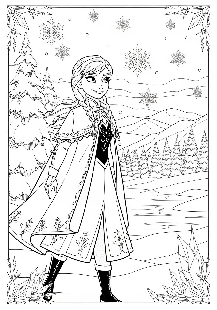 Imagem para colorir da Princesa Elsa da Disney em uma paisagem de neve