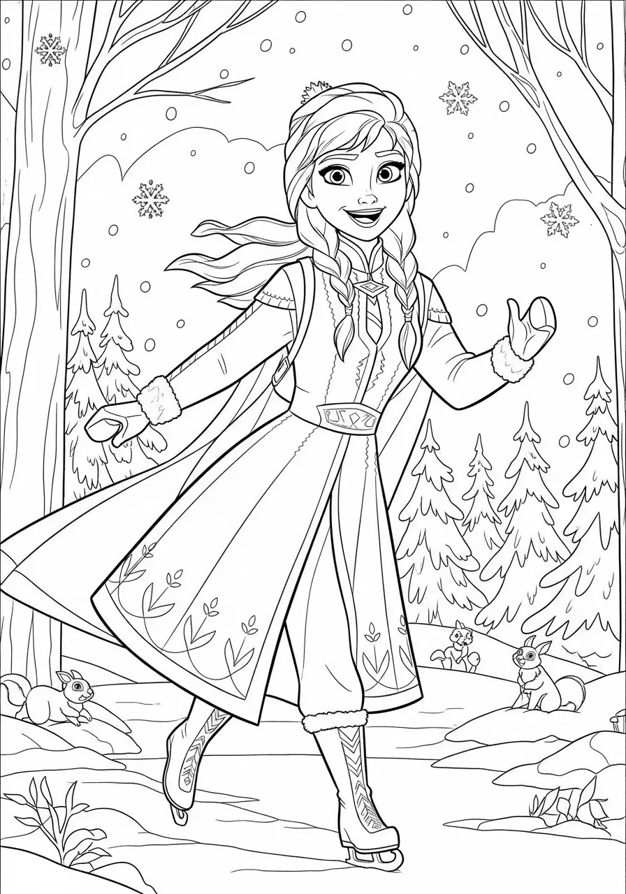 Desenho para colorir da Princesa Elsa patinando no gelo