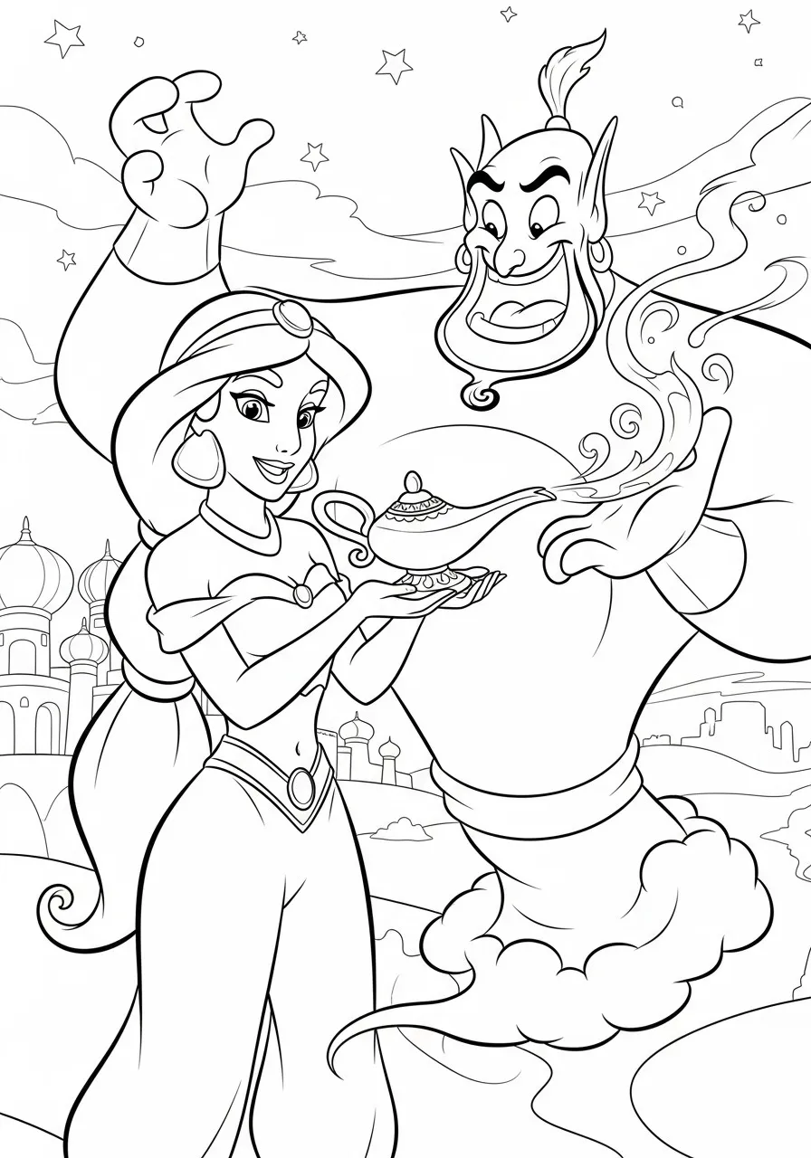 Imagem para colorir da Princesa Jasmine segurando a lâmpada mágica com o Gênio ao fundo