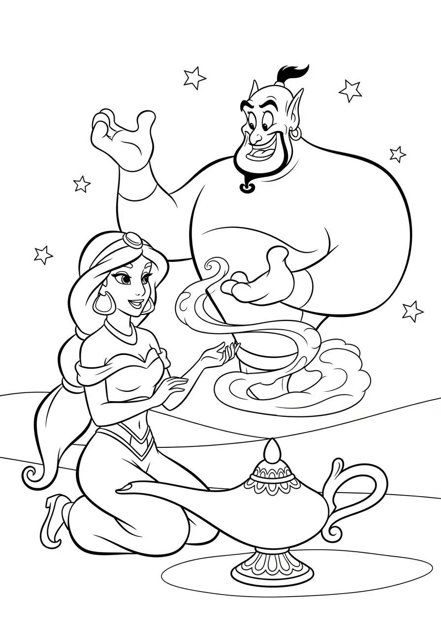 Desenho para colorir da Princesa Jasmine com o Gênio da lâmpada mágica