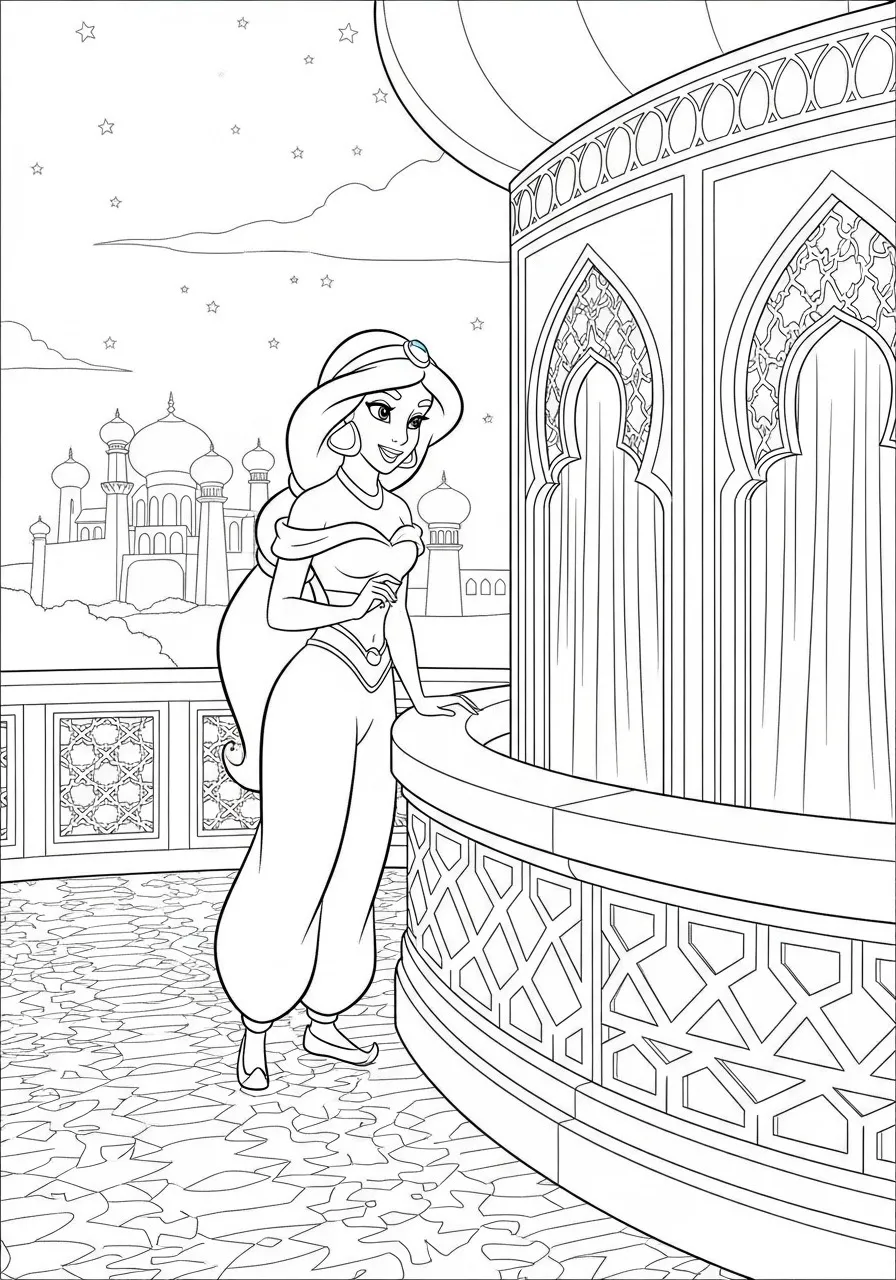 Desenho para colorir da Princesa Jasmine no palácio
