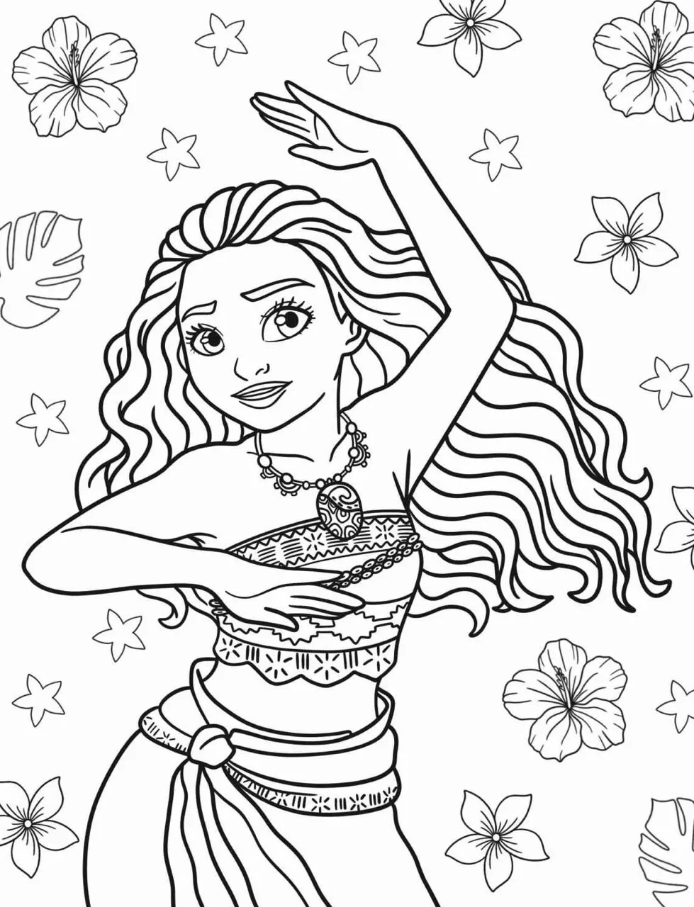 Imagem para colorir da Princesa Moana da Disney com flores ao fundo