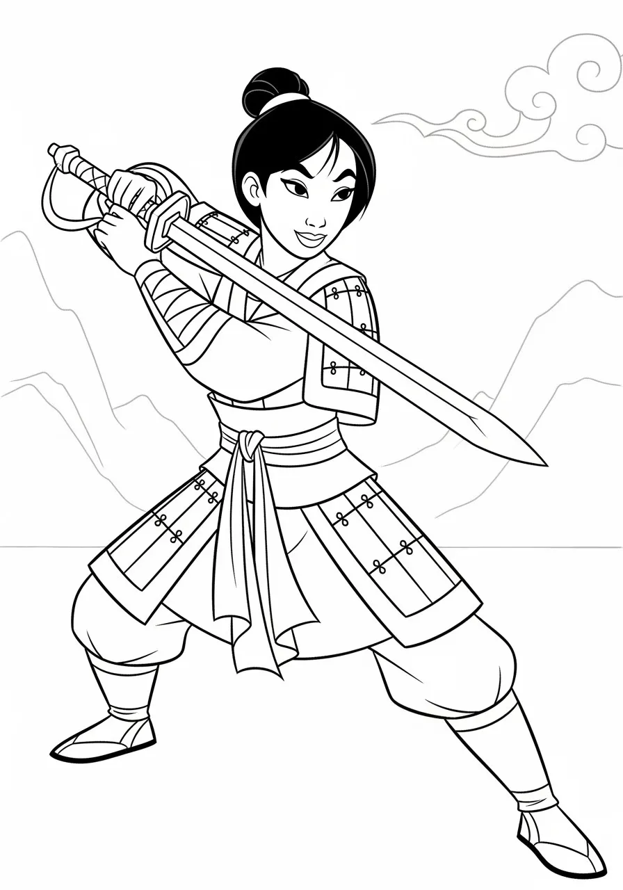 Imagem para colorir da Princesa Mulan segurando uma espada