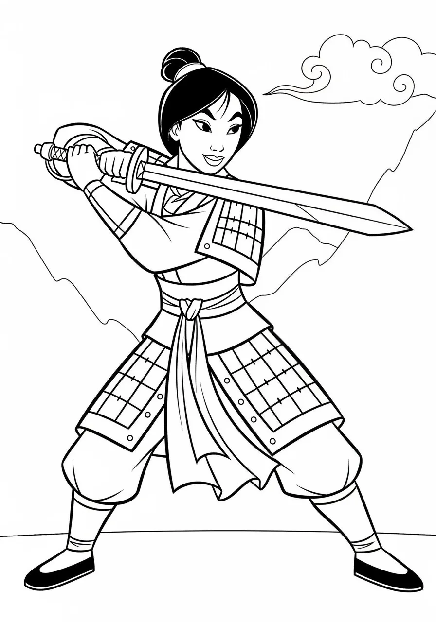 Desenho para colorir da Princesa Mulan segurando uma espada