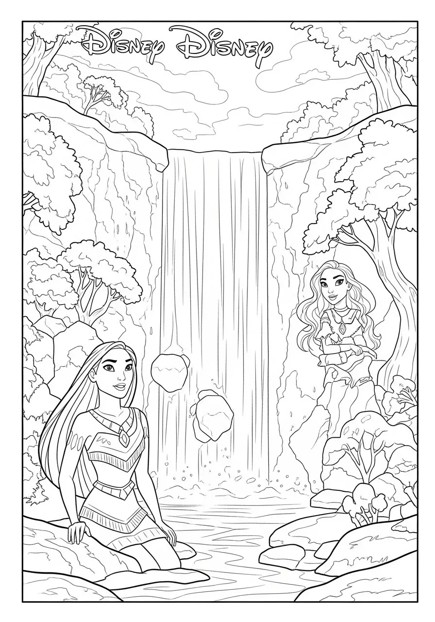 Imagem para colorir da Princesa Disney Pocahontas em frente a uma cachoeira