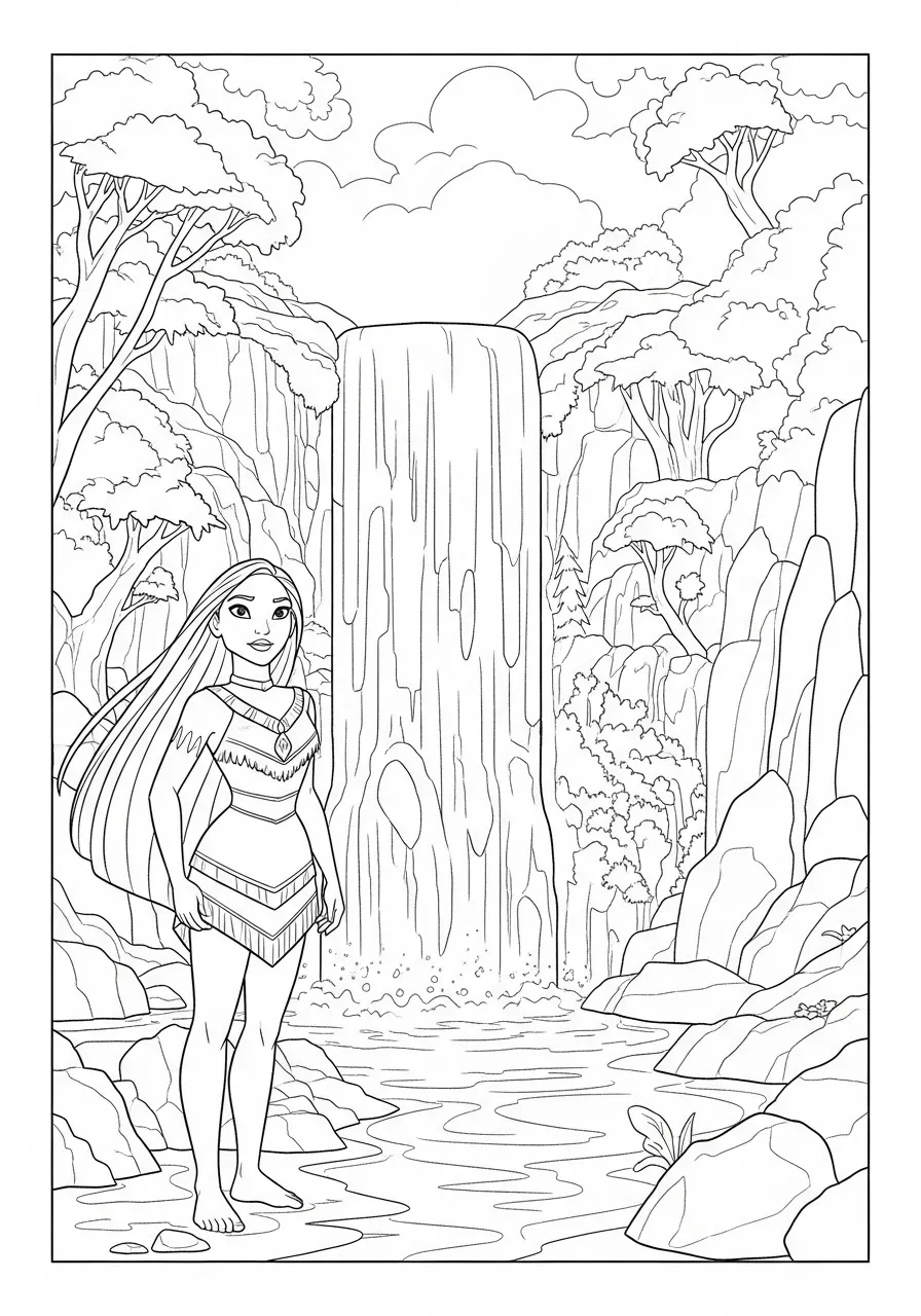 Imagem para colorir da Princesa Disney Pocahontas em pé diante de uma cachoeira