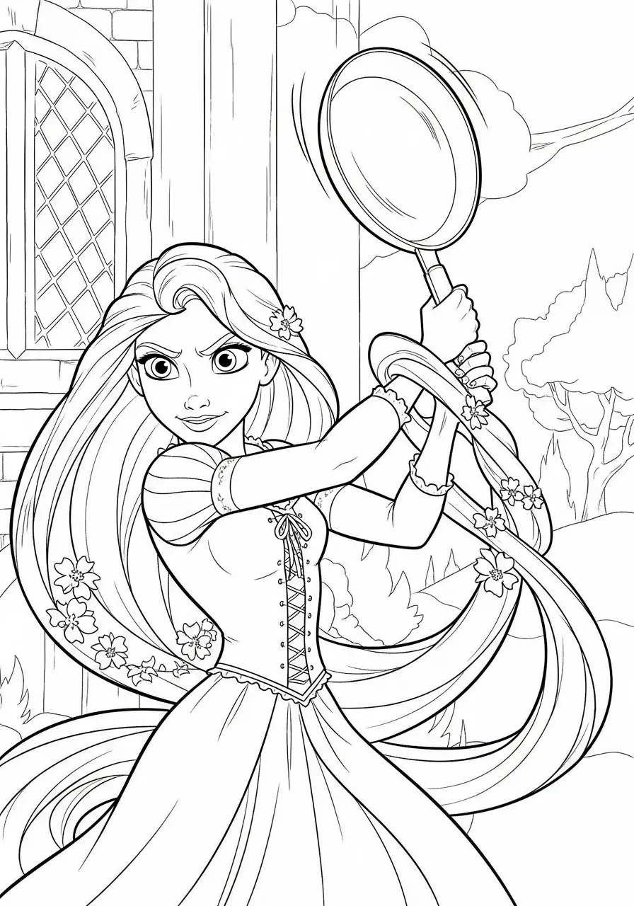 Imagem para colorir da Princesa Rapunzel segurando uma frigideira