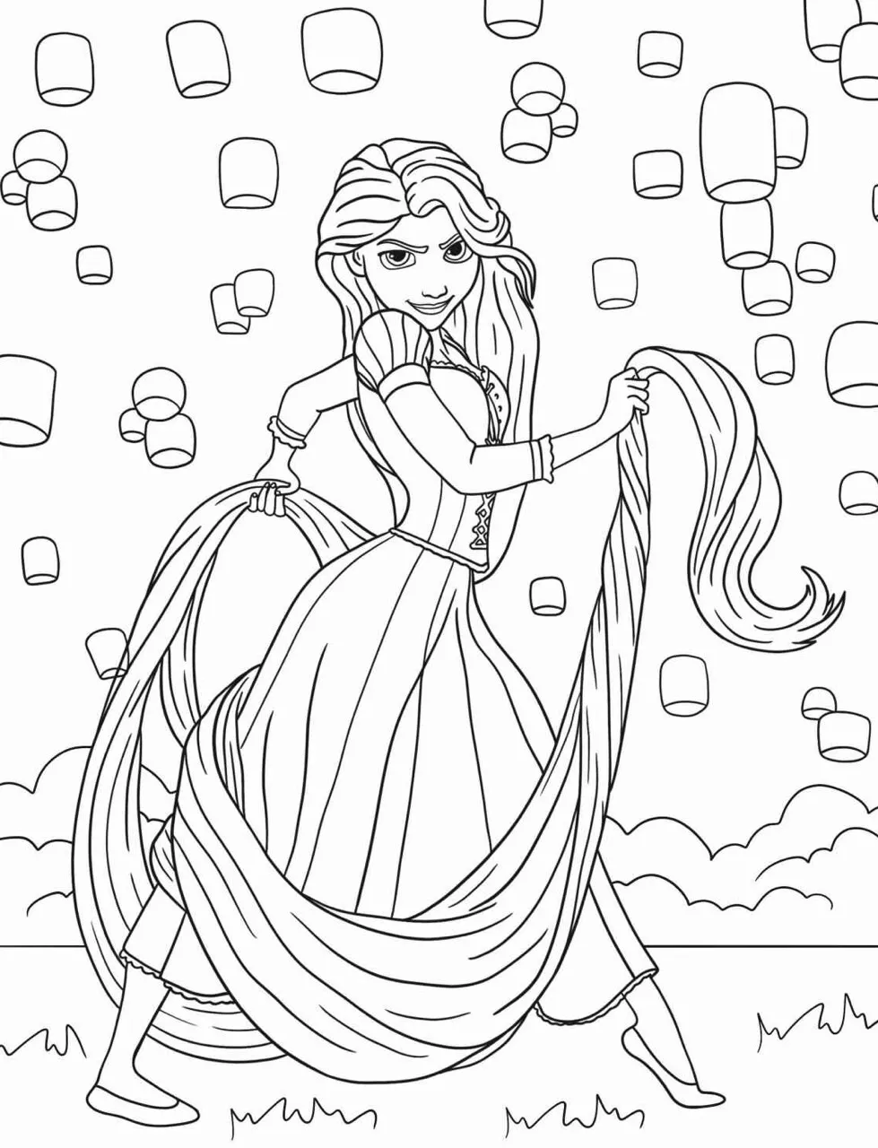 Desenho para colorir da Princesa Rapunzel segurando seu cabelo cercada por lanternas flutuantes
