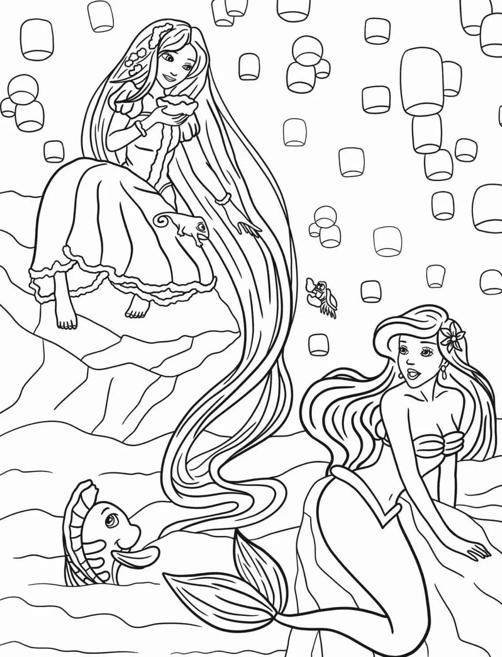 Imagem de Rapunzel e Ariel da Disney para colorir, com lanternas flutuantes