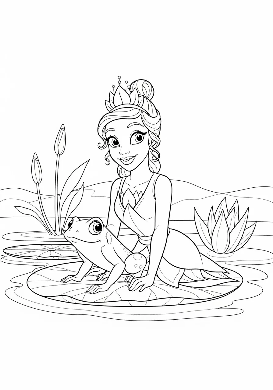 Imagem para colorir da Princesa Tiana com um sapo em um lago