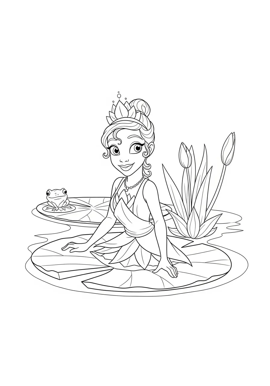 Imagem para colorir da Princesa Tiana da Disney sentada em uma folha de nenúfar com um sapo ao lado