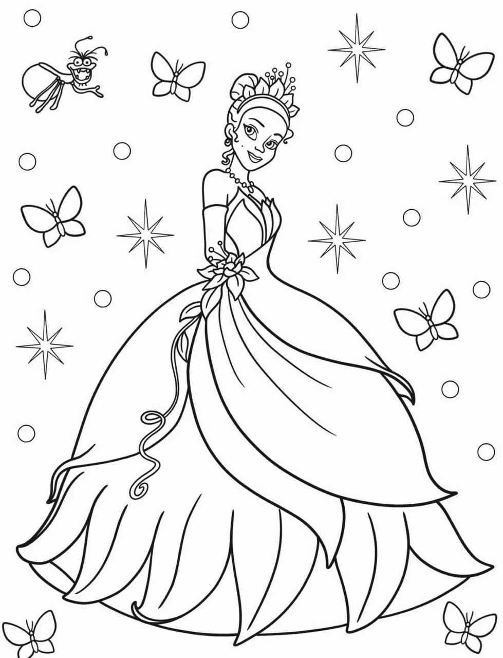 Imagem para colorir da Princesa Tiana com vestido elegante e borboletas ao redor