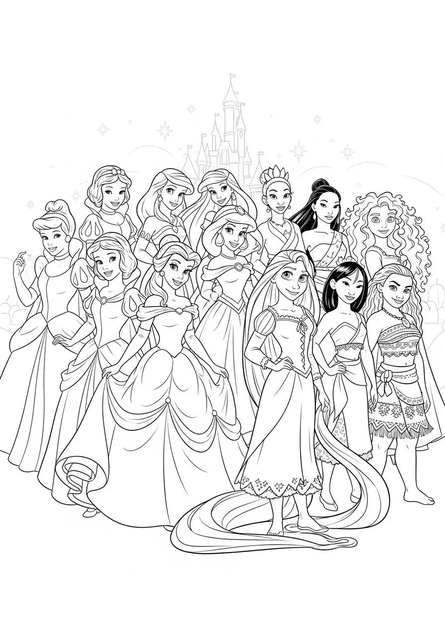 Imagem para colorir com várias princesas da Disney em frente a um castelo