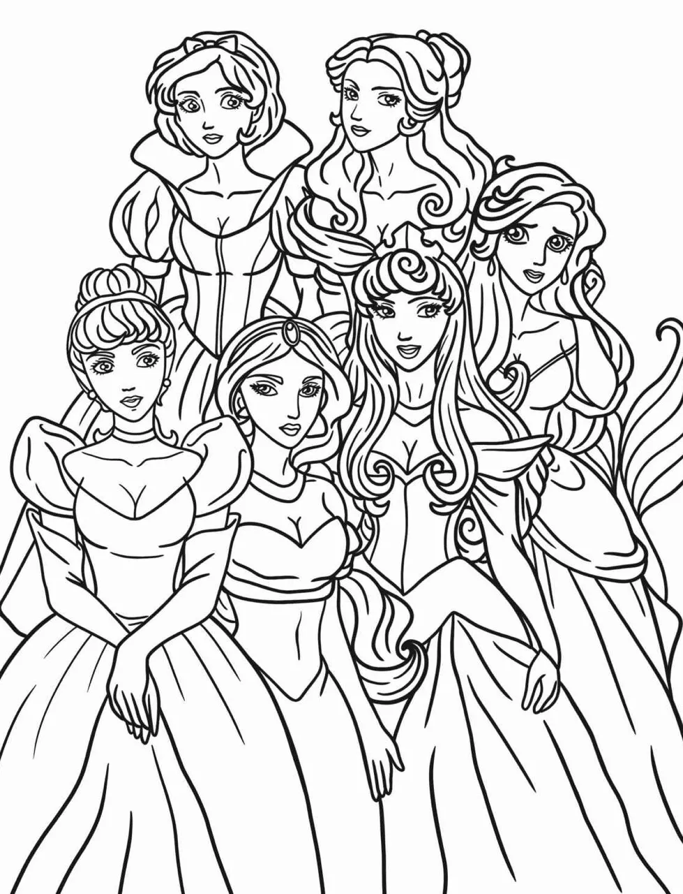 Página para colorir com várias princesas da Disney, incluindo Cinderela e Branca de Neve