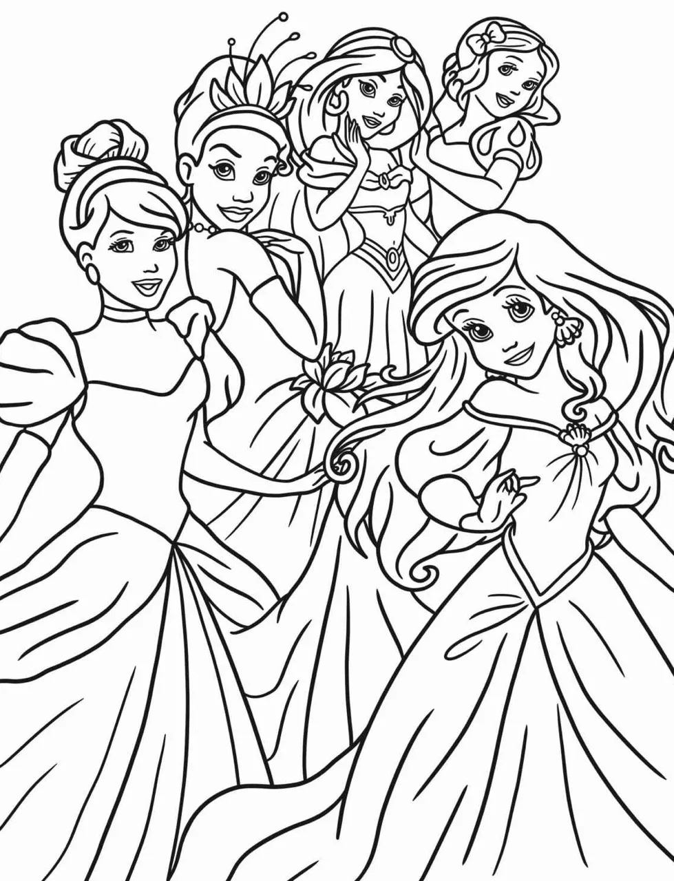 Cinco princesas da Disney em um desenho para colorir, incluindo Cinderela, Tiana, Jasmine, Bela e Ariel.