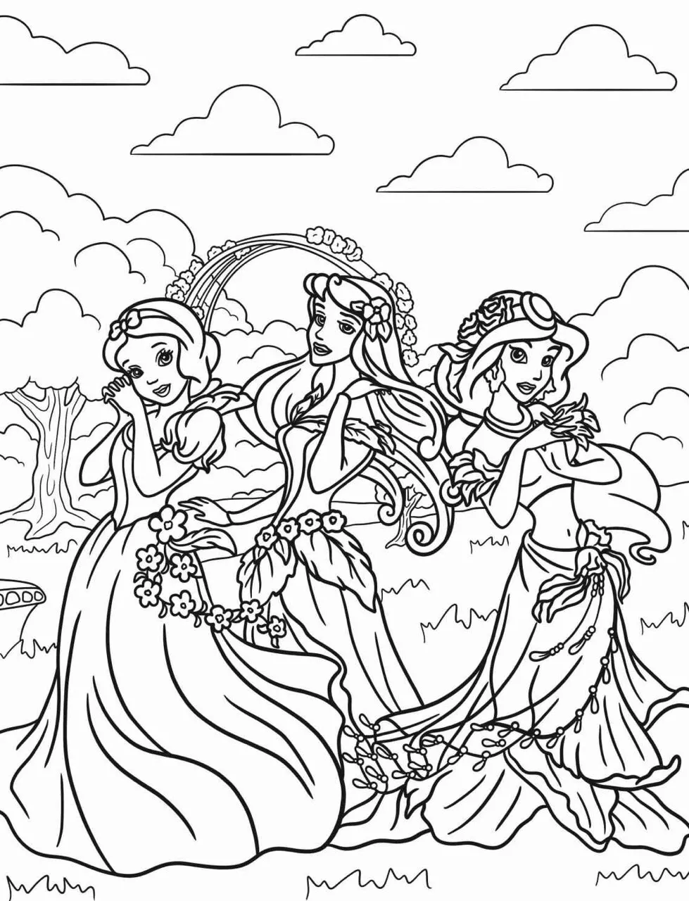 Três princesas da Disney em um jardim, prontas para colorir