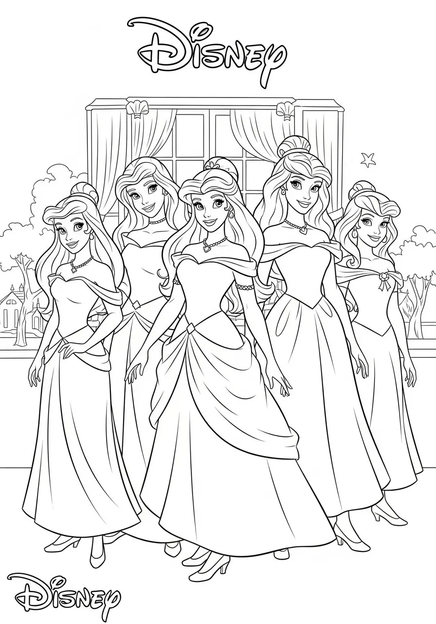 Página para colorir com várias princesas da Disney juntas em frente a uma janela.