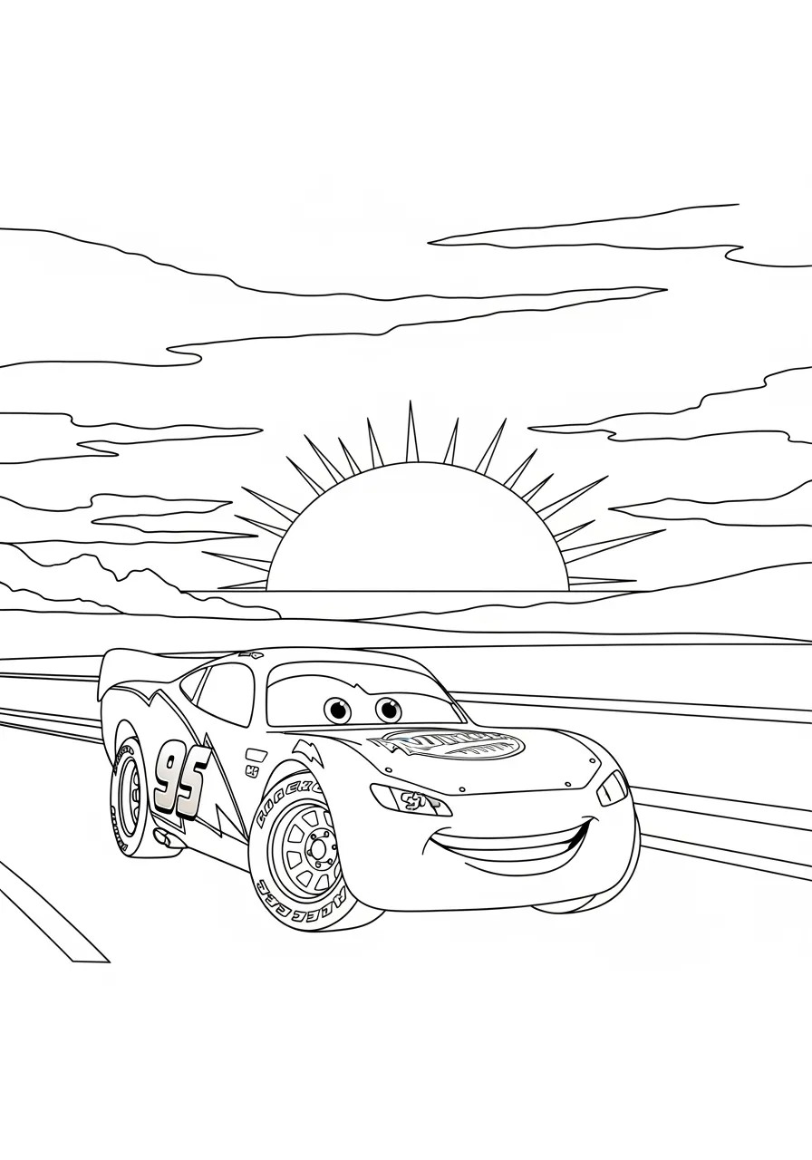 Desenho para colorir do Relâmpago McQueen com o sol se pondo ao fundo
