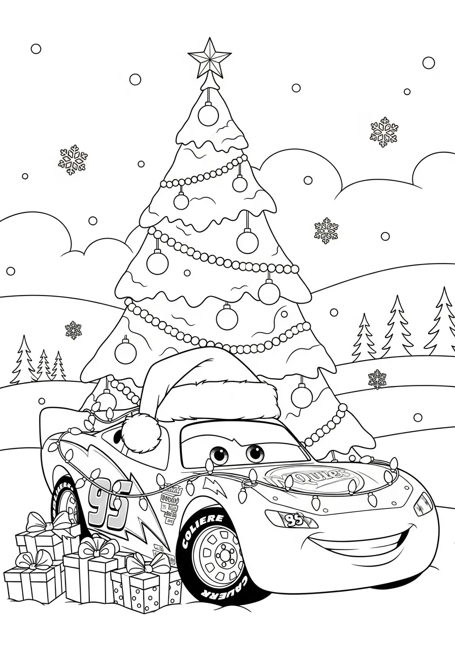 Relâmpago McQueen com chapéu de Papai Noel ao lado de uma árvore de Natal