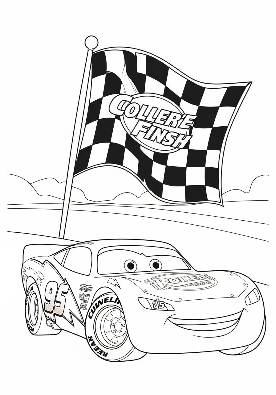 Imagem para colorir do Relâmpago McQueen segurando uma bandeira de vitória