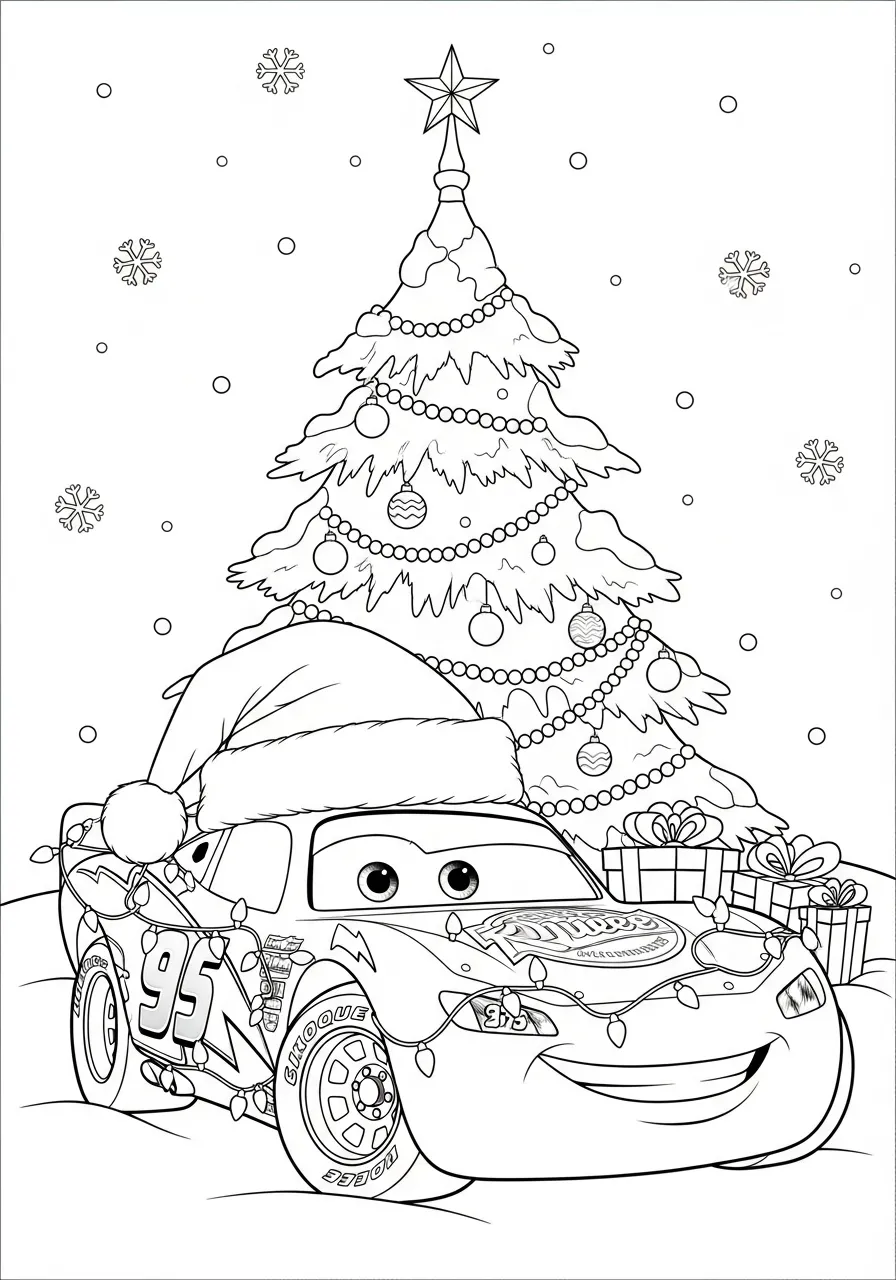 Desenho de Relâmpago McQueen com chapéu de Natal ao lado de uma árvore de Natal para colorir