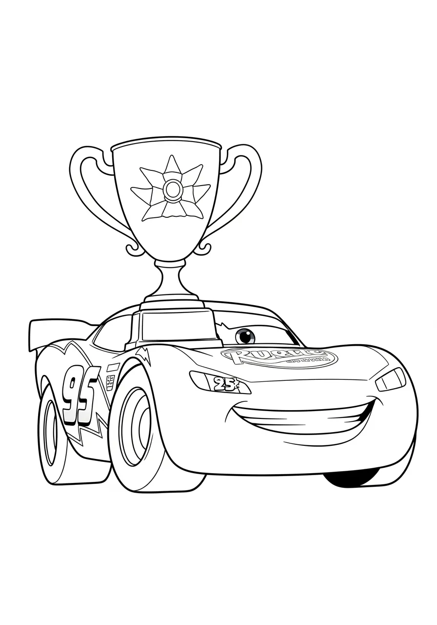 Desenho para colorir do carro Relâmpago McQueen segurando um troféu