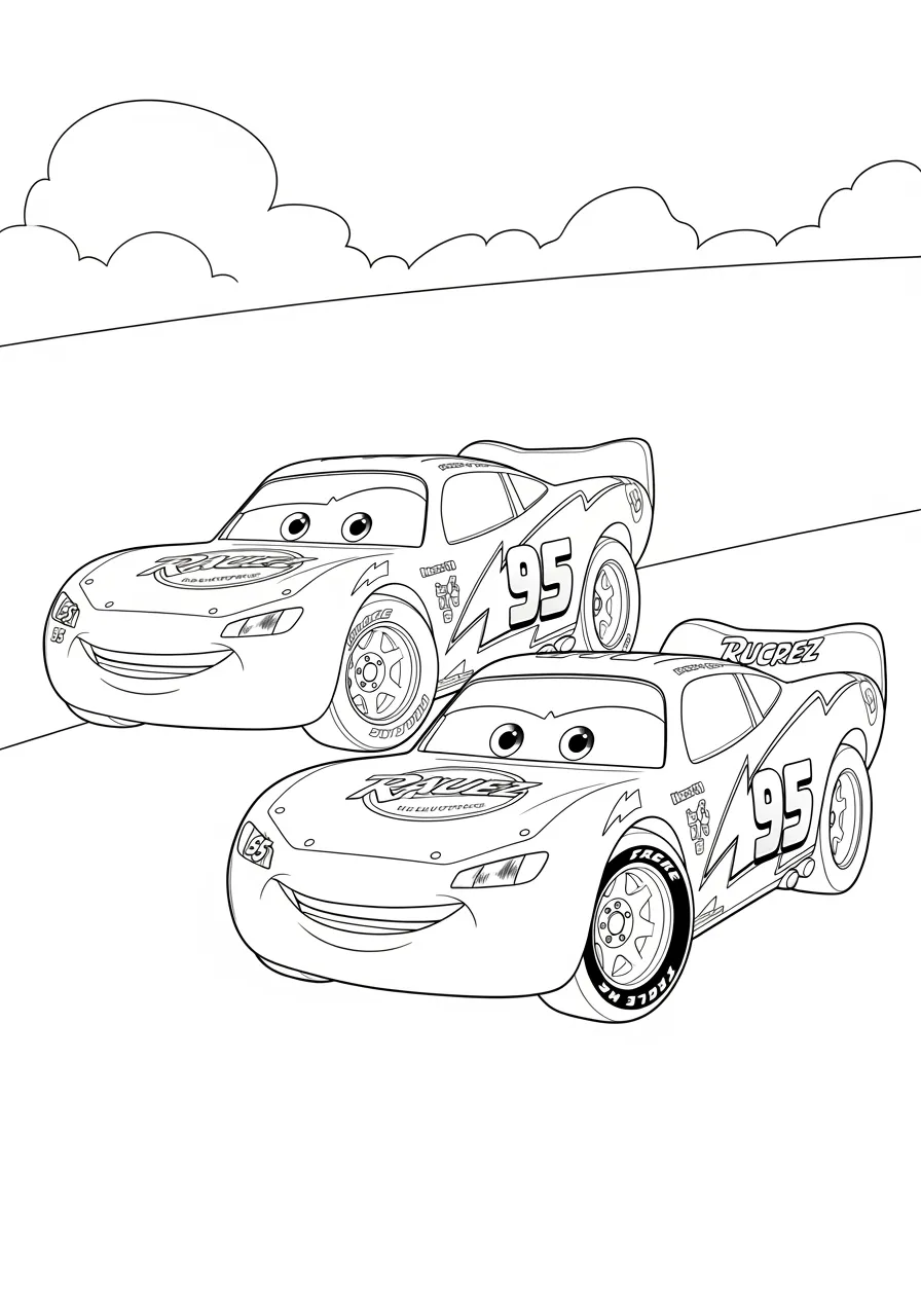 Dois carros de corrida, incluindo Relâmpago McQueen, prontos para colorir