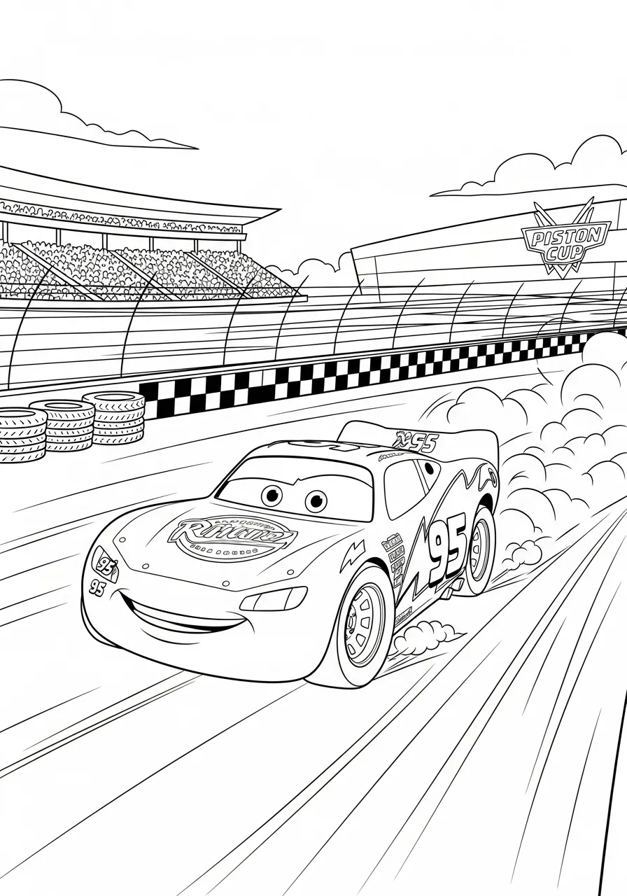 Desenho para colorir do Relâmpago McQueen em uma corrida na pista da Copa Pistão