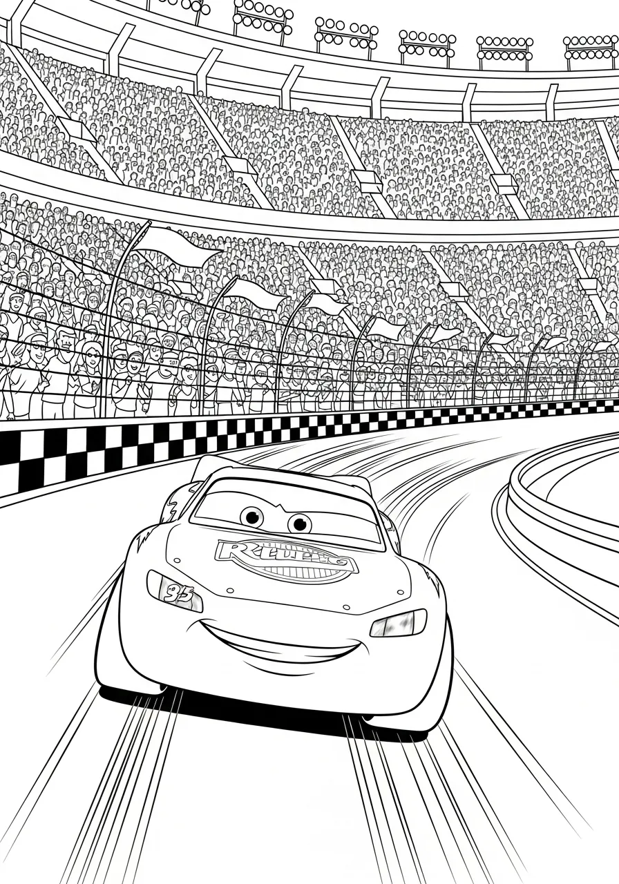 Imagem para colorir do Relâmpago McQueen correndo em uma pista de corrida com arquibancadas cheias de espectadores.