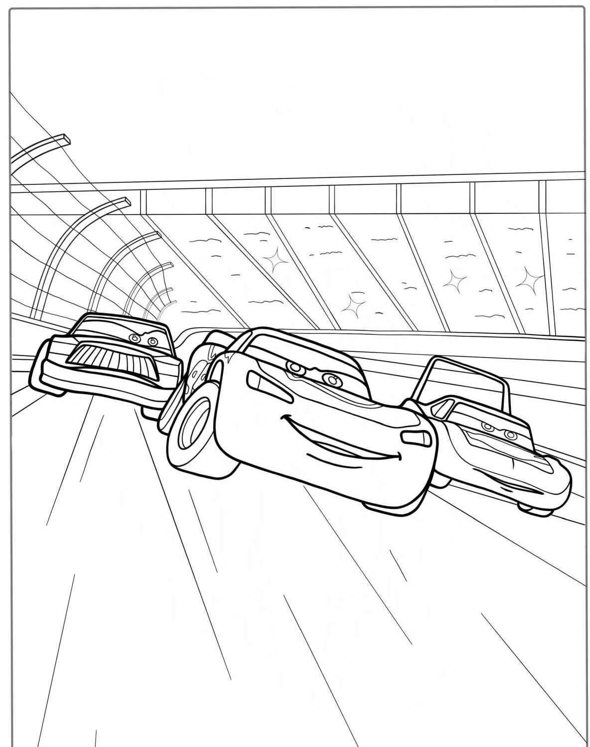 Desenho para colorir do Relâmpago McQueen correndo na pista com outros carros