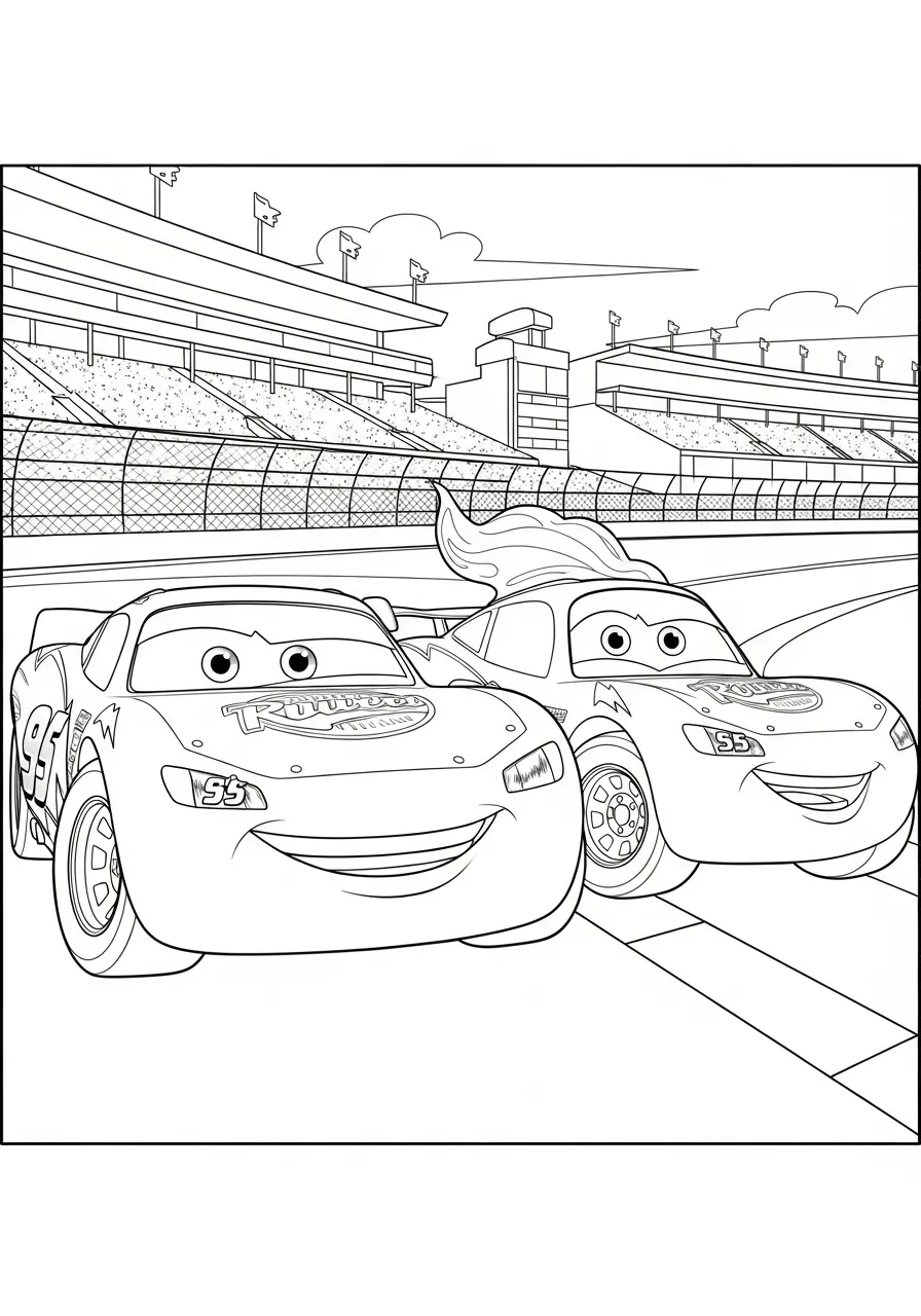 Imagem de Relâmpago McQueen e outro carro correndo em uma pista de corrida para colorir