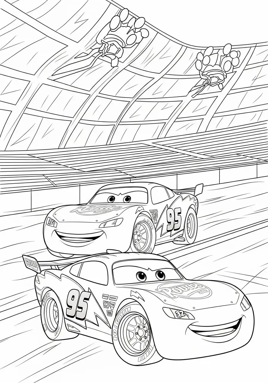 Desenho para colorir do Relâmpago McQueen correndo com amigos na pista