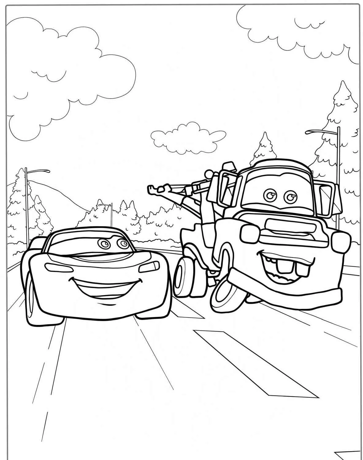 Desenho para colorir de Relâmpago McQueen e Tom Mate na estrada