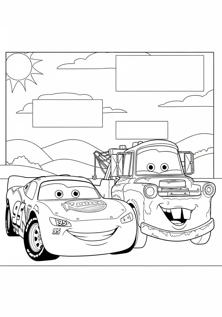 Desenho para colorir do Relâmpago McQueen e Tom Mate em um cenário divertido
