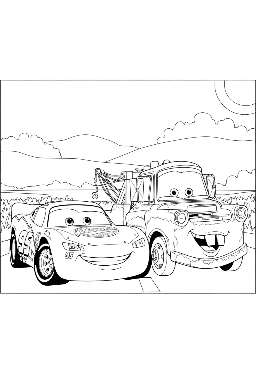 Desenho para colorir do Relâmpago McQueen e Tom Mate em um cenário divertido