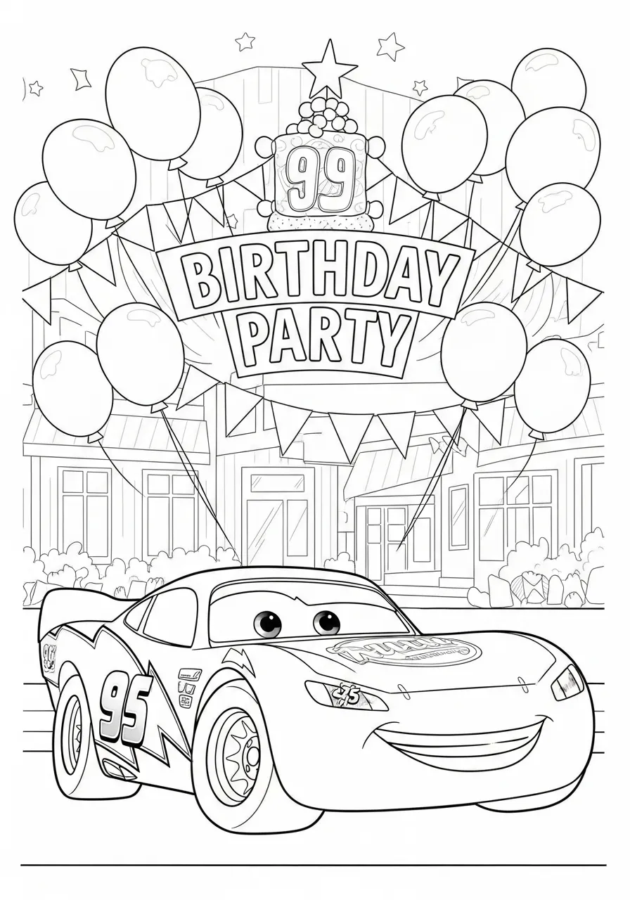 Desenho de Relâmpago McQueen em uma festa de aniversário com balões