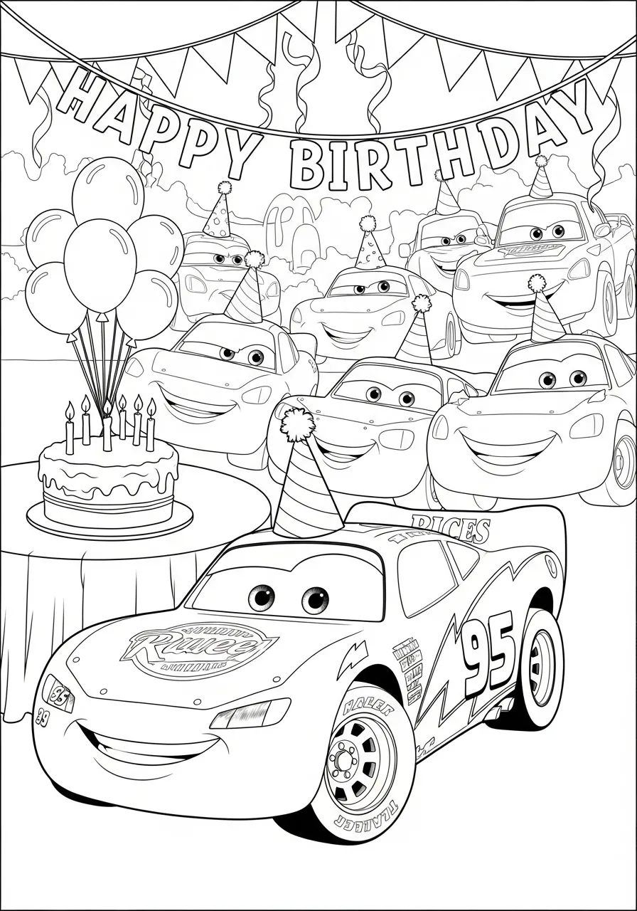 Desenho de Relâmpago McQueen com chapéu de festa e bolo de aniversário para colorir