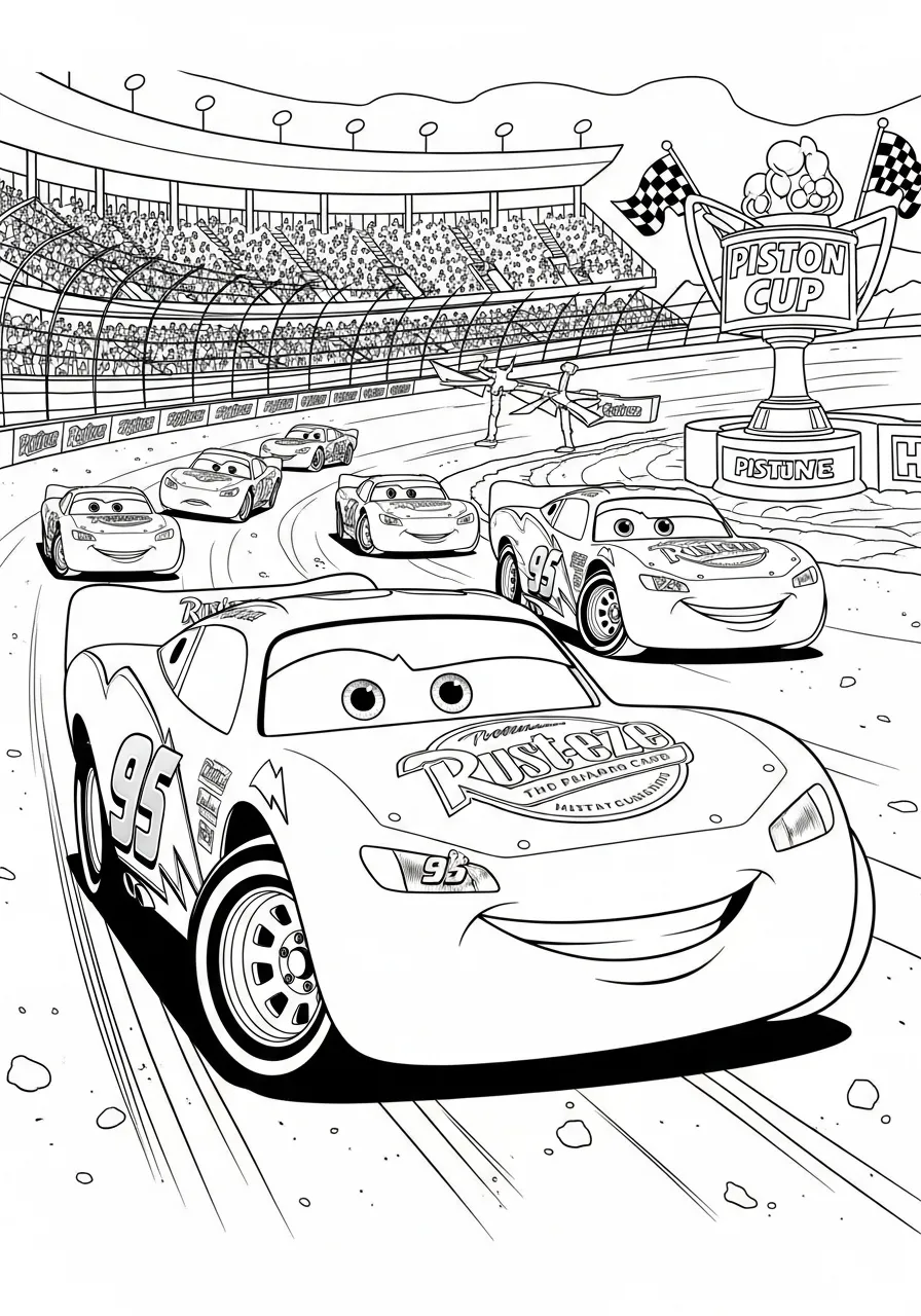 Desenho para colorir do carro Relâmpago McQueen competindo na pista da Copa Pistão