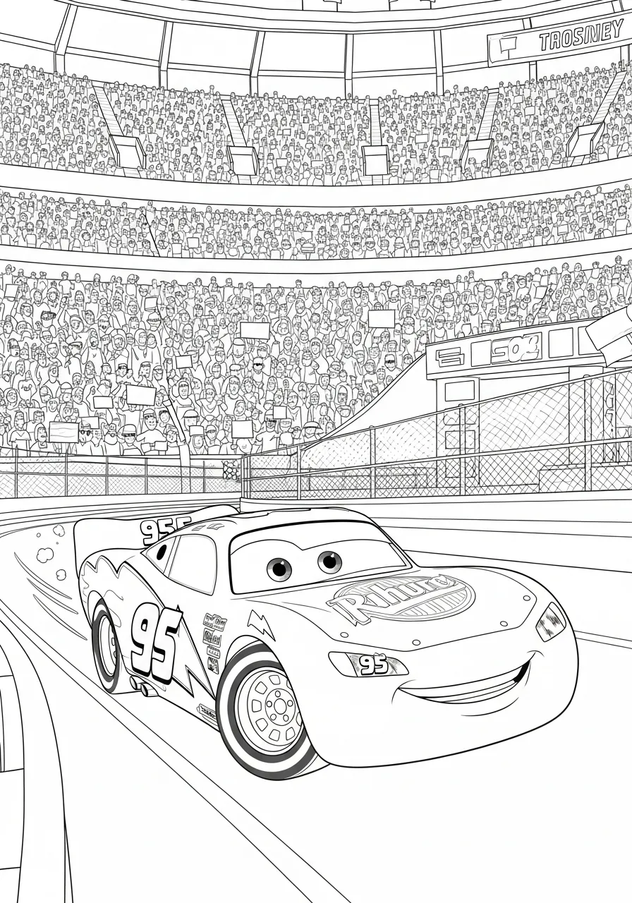 Desenho para colorir do Relâmpago McQueen em uma corrida com arquibancadas cheias