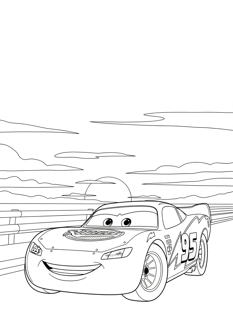Imagem para colorir do Relâmpago McQueen na estrada com um sorriso
