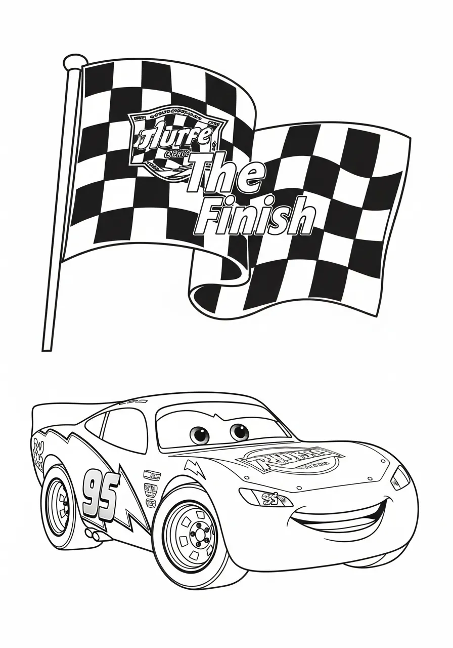 Desenho em preto e branco de Relâmpago McQueen na linha de chegada com bandeira quadriculada