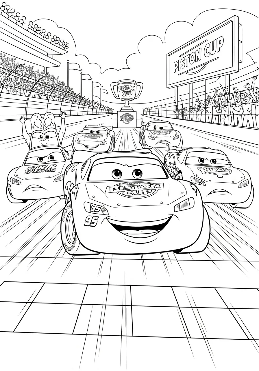 Desenho para colorir do Relâmpago McQueen na corrida da Copa Pistão