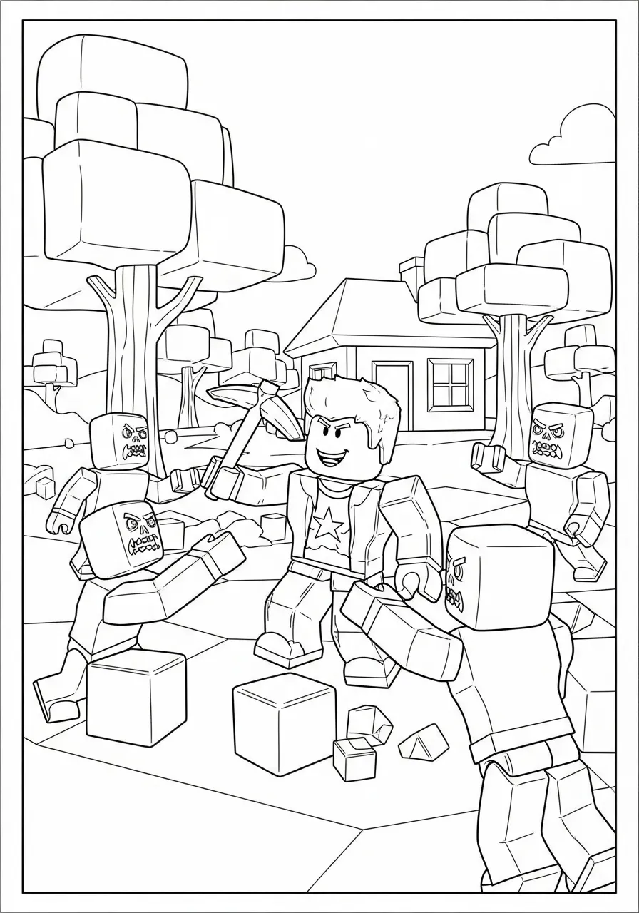 Desenho para colorir de personagens de Roblox em uma aventura