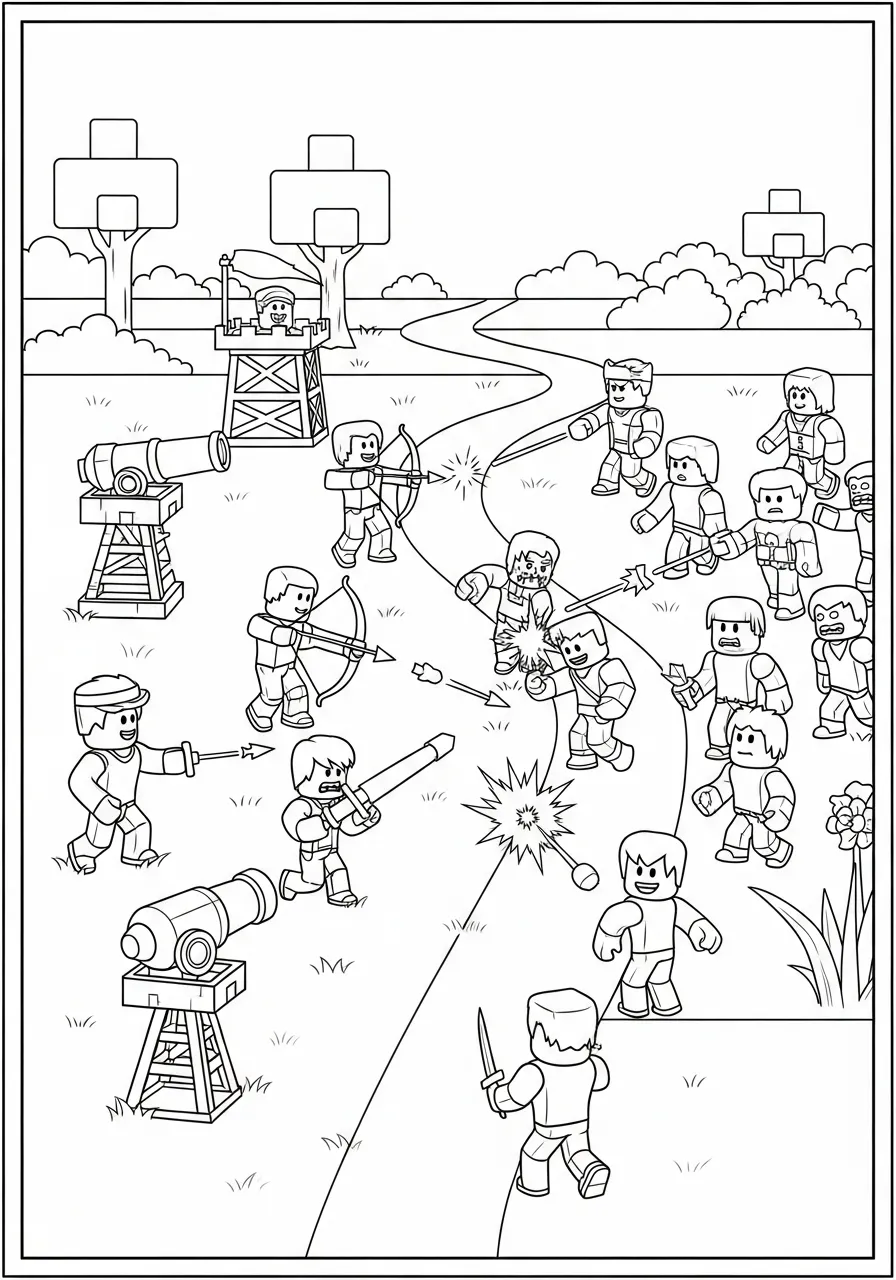 Desenho de personagens de Roblox em uma batalha divertida com armas e construções