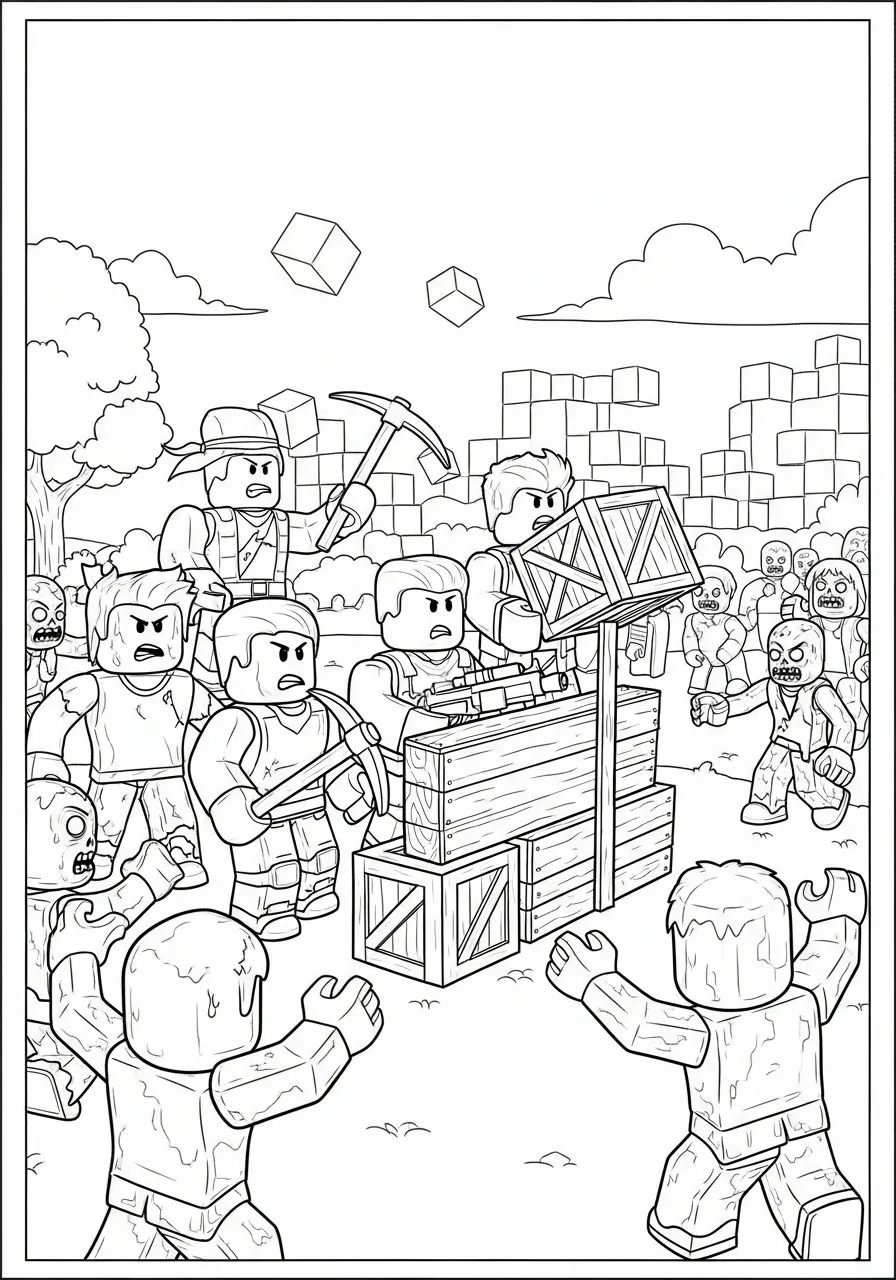 Desenho para colorir de personagens de Roblox enfrentando zumbis em uma aventura de sobrevivência