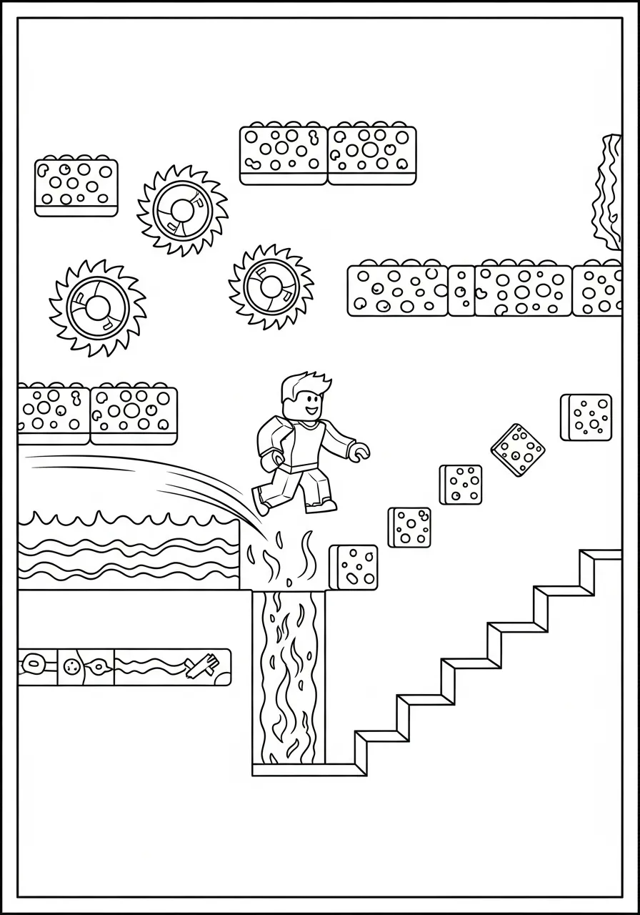 Desenho para colorir de um personagem de Roblox em uma plataforma com obstáculos