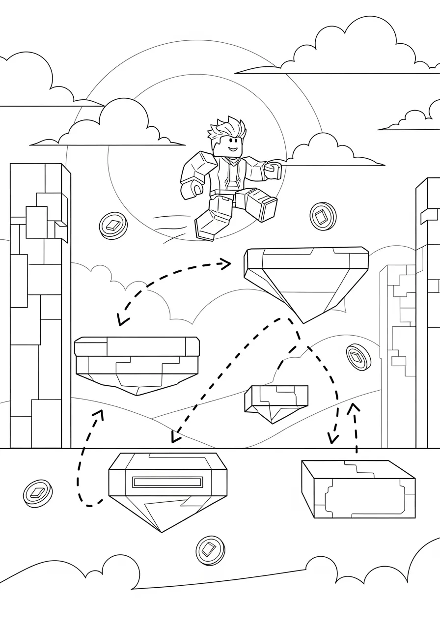 Desenho de um personagem de Roblox pulando entre plataformas nas nuvens