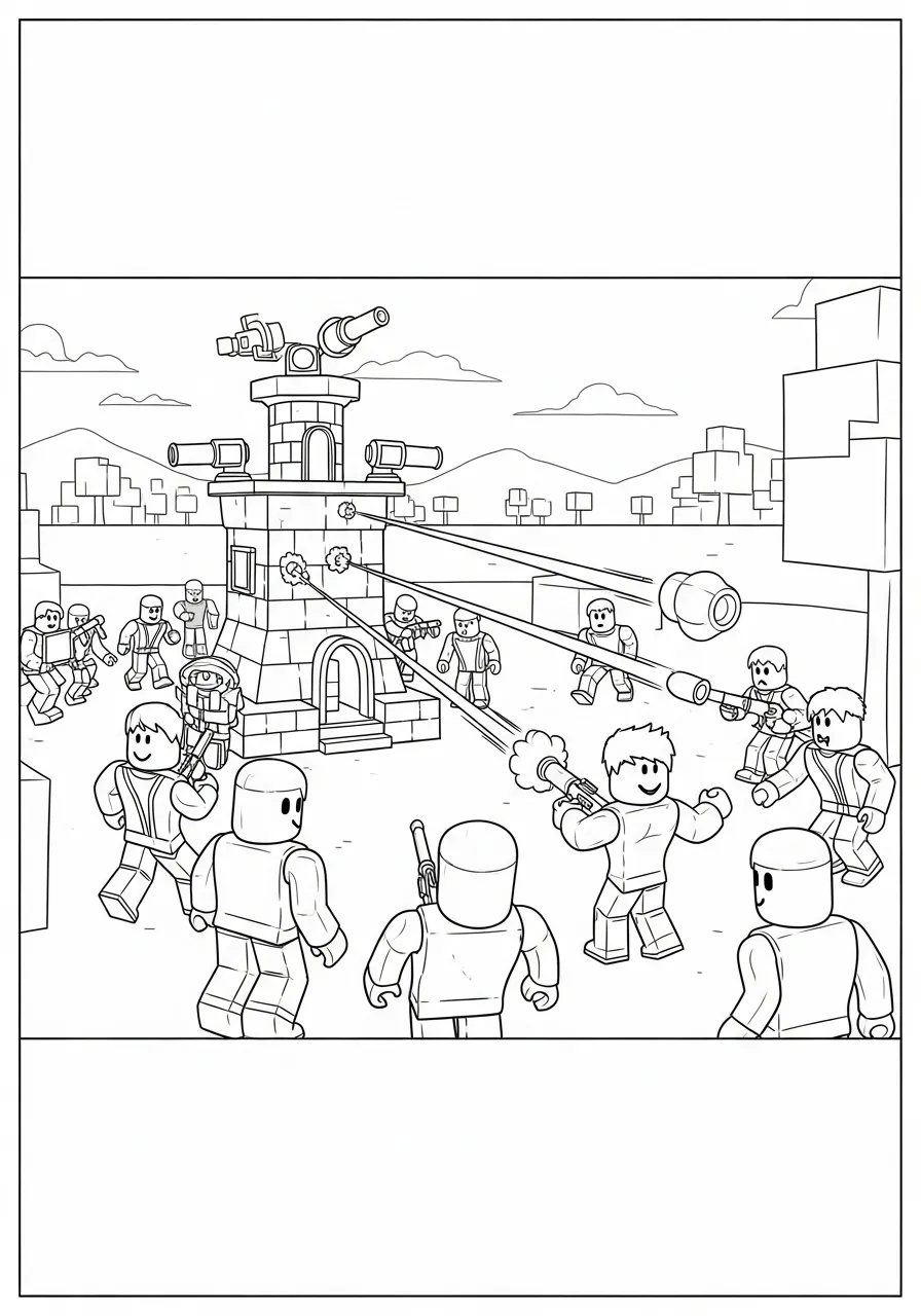 Desenho para colorir de uma batalha épica no Roblox com vários personagens